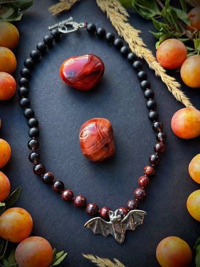 🦇 Blood Moon - 16” Choker Apple Jasper, Burgundy Tigers Eye, Matte Onyx - Pewter Bat focal