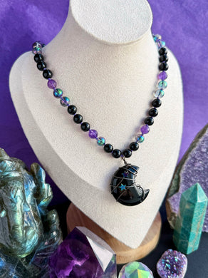 Moon Mischief - 16” Choker  - 8mm - Onyx, Amethyst, Aura Quartz - Obsidian Moon Focal