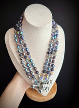 Load image into Gallery viewer, Restocked: Head in the Clouds - 18” Necklace 8mm Peacock Pearls, Tanzanite, Iolite, Mystic Silverite, Mother of Pearl Stars, Czech Glass + Pewter Unicorn Focal