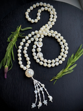 Load image into Gallery viewer, Selene Meditation Beads - 108 Necklace - 8mm Mother of Pearl + Mother of Pearl Moons - Mother of Pearl Focal
