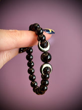 Load image into Gallery viewer, RESERVED - Triple Moon Bracelet - 8mm Onyx + Mother of Pearl Moons - Stretch Mala Bracelet (Copy)