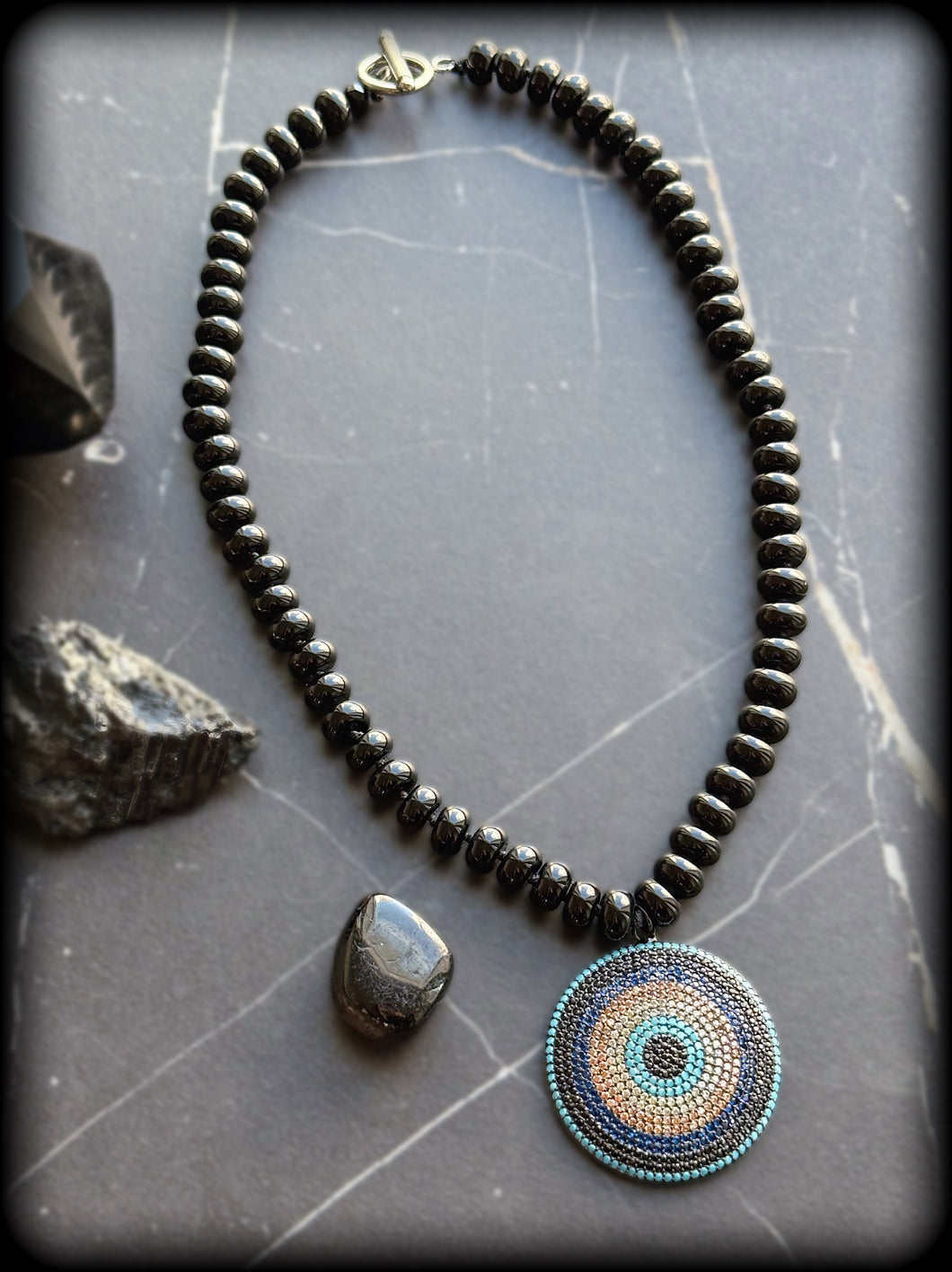 Warding Gaze 🧿 - 16” Necklace - 8mm Onyx Gemstone Rondelle + Evil Eye Pendant