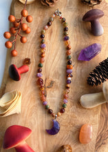 Load image into Gallery viewer, Harvest Moon - 17” Choker - 8mm Citrine, Tigers Eye, Hessonite Garnet, Rhyolite, Amethyst Carved Pumpkins + Lampwork Glass Mushroom and Pumpkin + Carnelian Skull Carving - Amethyst Moon Pendant