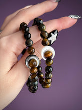 Load image into Gallery viewer, Golden Eclipse Bracelet - 8mm Tigers Eye + Mother of Pearl Moon - Stretch Mala Bracelet