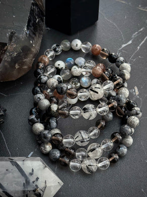 Rites of the Moon - 8mm Bracelet - Clear Quartz, Smoky Obsidian, Eagle Eye, Silver Leaf Jasper, Snowflake Obsidian, Moonstone, Labradorite, Tourmalinated Quartz  - Gemstone Stretch Mala Bracelet 8mm