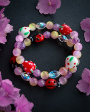Load image into Gallery viewer, Strawberry Lemonade SET (2) Bracelets - 8mm Selenite, Czech Glass, Lampwork Glass Strawberries &amp; Ladybugs