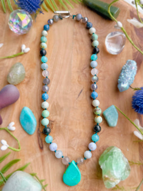 Moonlit Tidepool - 17” Choker - Aquamarine, Rutilated Quartz, Blue Chalcedony, Amazonite, Jasper, Apatite, Silverite, Labradorite - Hubei Turquoise Focal