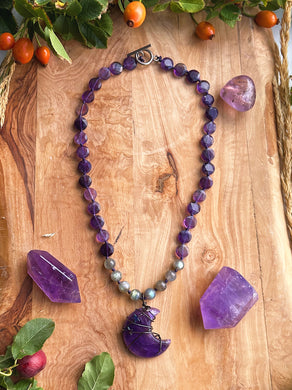 Moon Goddess - 18” Faceted Amethyst Coins + Labradorite - Amethyst Moon Pendant