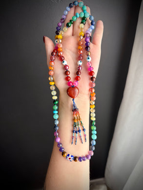 Rainbow Watcher 🧿 - 8mm - Rainbow Gemstone 108 Mala Necklace - Red Jasper Focal - Rainbow Beaded Tassel