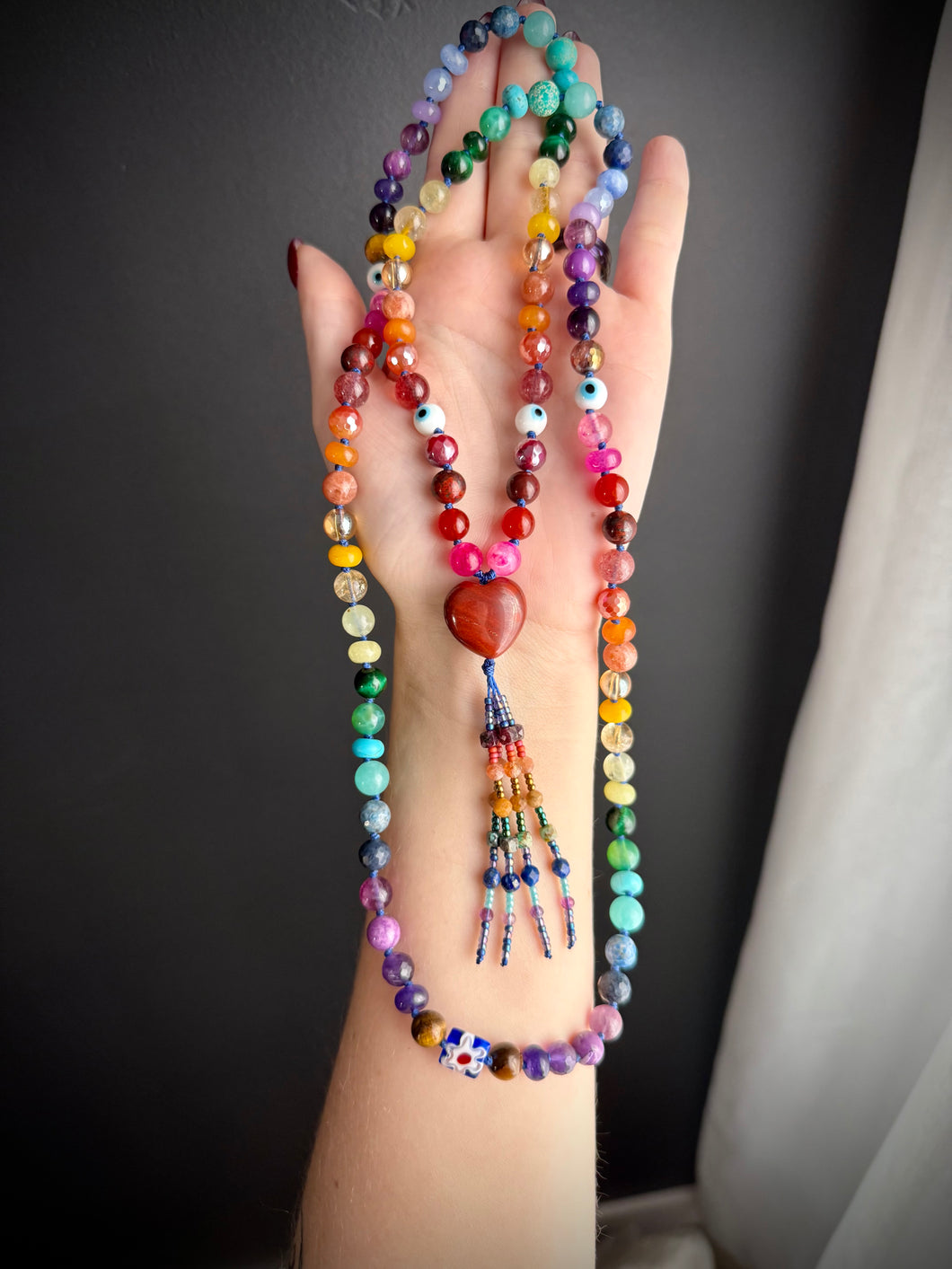 Rainbow Watcher 🧿 - 8mm - Rainbow Gemstone 108 Mala Necklace - Red Jasper Focal - Rainbow Beaded Tassel