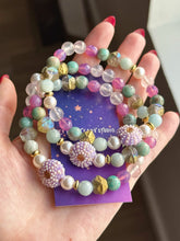 Load image into Gallery viewer, RESERVED - (3) 8.5” - Sassy Sea Urchin - 8mm Aquamarine, Amazonite, Rose Quartz, Czech Glass - Lampwork Urchin Focal - Stretch Mala Bracelet