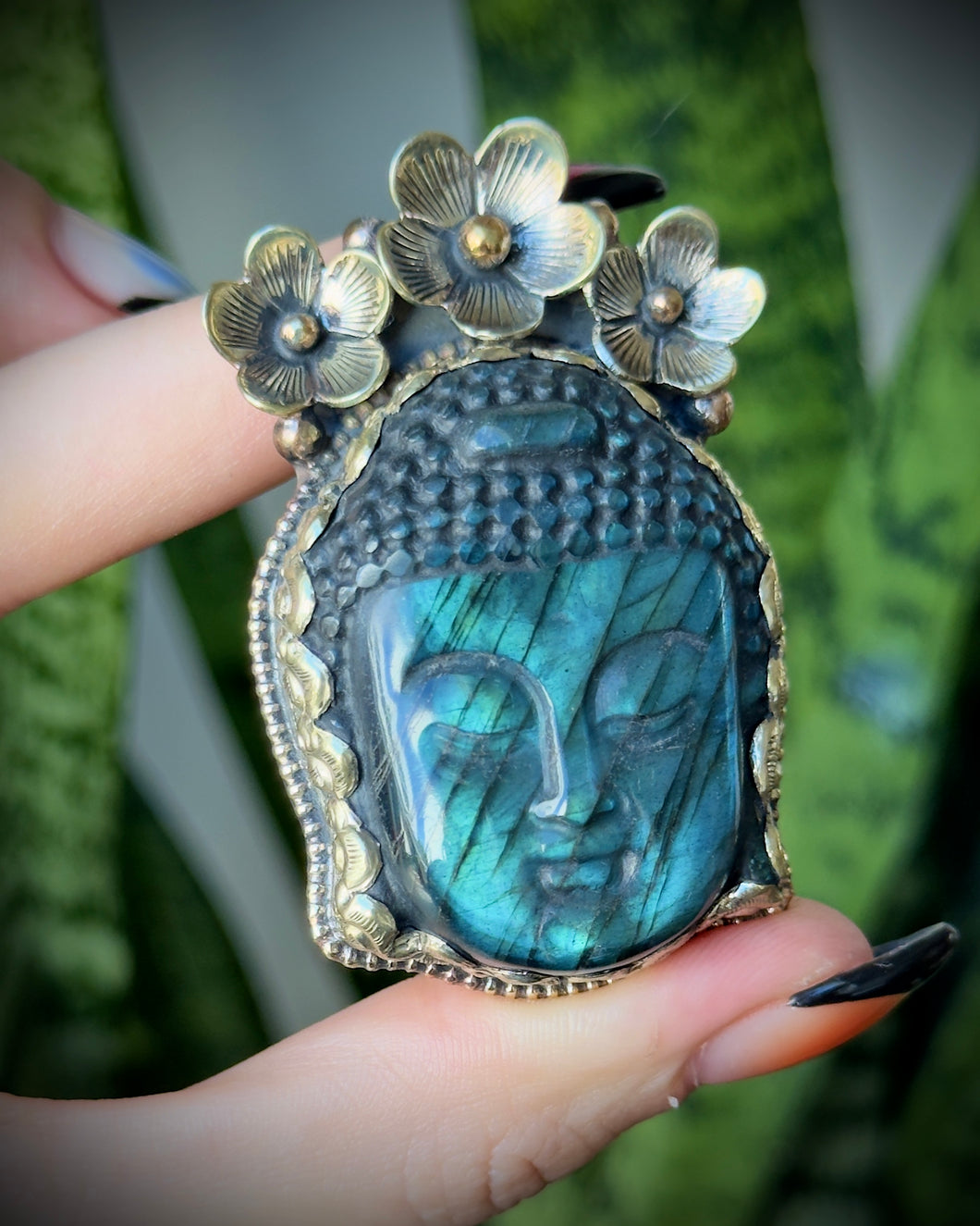 60mm Floral Blue Labradorite Buddha Pendant