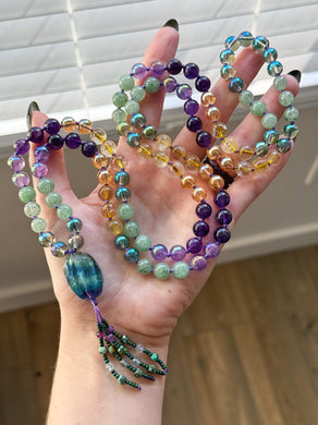 Rich Witch  - 8mm - Aura Quartz, Green Aventurine, Aura Amethyst, Amethyst, Citrine - 108 Mala Necklace - Rainbow Fluorite Focal