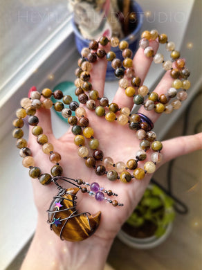 Creating Your Vision - Golden Pietersite + Golden Rutile Quartz - Tigers Eye Moon - 108 Mala Bead Necklace