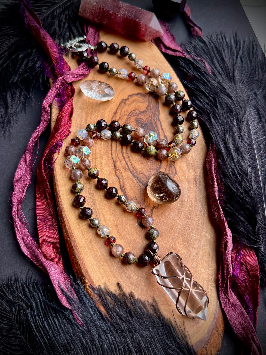 Winterberry Magic - 72 Bead Mala (26”) Necklace 8mm Garnet, Dragons blood Jasper, Chocolate Moonstone, Pyrite, Czech Glass + Clear Quartz Point Focal