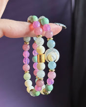 Load image into Gallery viewer, RESERVED - (2) 7.5” - 8mm Aquamarine, Rose Quartz, Mother of Pearl, Agate, Czech Glass - Mother of Pearl Focal - Stretch Mala Bracelets