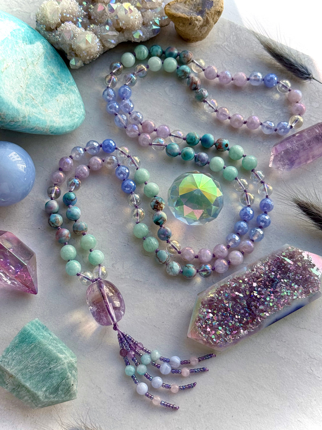Iridescent Oracle - 8mm - Aura Quartz, Amazonite, Brecciated Jasper, Aura Amethyst, Mystic Blue Agate - 108 Mala Necklace - Amethyst Focal