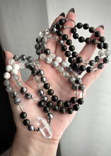 Load image into Gallery viewer, Shadow of Selene - 8mm - Labradorite, Selenite, Quartz, Gold Sheen Obsidian, Terahertz, Howlite, Snowflake Obsidian 108 Mala Necklace - Quartz Focal
