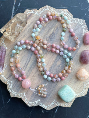 Kindness Flow - 108- Pastel Rainbow Gemstone Mala Necklace - Rose Quartz Focal