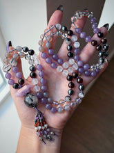 Load image into Gallery viewer, Sanctuary of Stillness - 8mm Lepidolite, Hessonite Garnet, Gray Chalcedony, Silver Aura Quartz, Selenite, Tourmalated Quartz, Terahertz - 108 Mala Necklace - Lepidolite &amp; Tourmaline Quartz focal- Gemstone Beaded Tassel