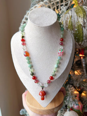 Toadstool 🍄 Magic - 16” Choker Carnelian + Rose Quartz + Mystic Aventurine + Prehnite + Strawberry Quartz - Red Agate Mushroom Pendant