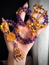 Load image into Gallery viewer, Crown of Radiance - Mystic Tigers Eye, Amethyst, Citrine, Golden Tigers Eye - 108 Mala Necklace - Golden Healer Focal - Gemstone Beaded Tassel