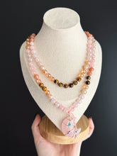 Load image into Gallery viewer, The Solar Witch  - 8mm - Rose Quartz, Aura Rose Quartz, Aura Quartz, Aura Citrine, Tigers Eye, Peach Moonstone - 108 Mala Necklace - Rose Quartz Moon Focal