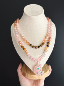 The Solar Witch  - 8mm - Rose Quartz, Aura Rose Quartz, Aura Quartz, Aura Citrine, Tigers Eye, Peach Moonstone - 108 Mala Necklace - Rose Quartz Moon Focal