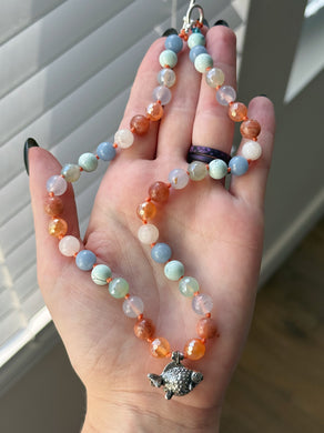 The Bliss Fish - 16” Choker  - 8mm - Sunstone, Mystic Carnelian, Blue Chalcedony, Angelite, Agate, Moonstone - Pewter Goldfish Focal
