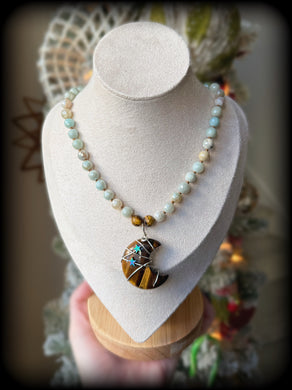 Courageous - 16” Choker - Mystic Amazonite - Tigers Eye Moon Pendant