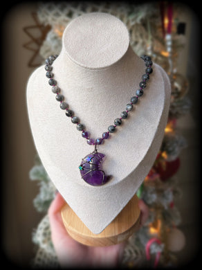 Intuition - 16” Choker -8mm Larvikite + Mystic Amethyst - Amethyst Moon Pendant