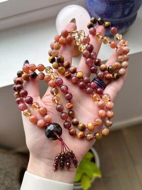 Embrace Life with Passion - 108 Gemstone Meditation Beads - Smoky Quartz Focal