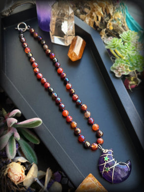 Solstice Flames - 16” Choker -  8mm Mystic Carnelian - Amethyst Moon Pendant