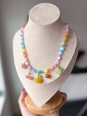 Paradise Breeze - 17” Necklace - 6mm Rainbow Selenite + Agate Fruit