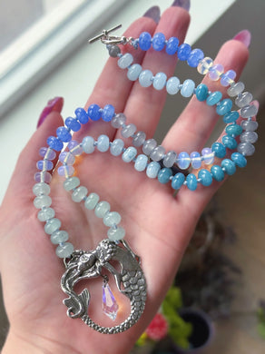 Mermaids Treasure - 19” Necklace - 8mm Candy Jade & Opalite - Pewter Mermaid & Swarovski Crystal