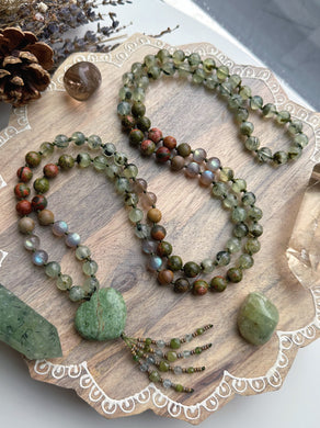 Rejuvenating the Heart -  108 Mala Bead Necklace - Prehnite, Labradorite, Unakite, Creek Jasper, Green Opal Heart Focal - Beaded Tassel
