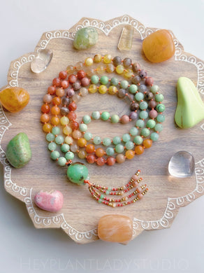 Reawaken to Joy - Rainbow Sunstone, Peach Aventurine, Kiwi Jasper, Green Garnet, Golden Rutile Quartz, Rhodonite, Yellow Opal, Black Moonstone - Chrysoprase Focal - 108 Mala Bead Necklace