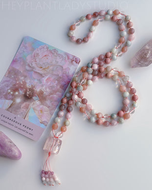 Encircled in Love - Faceted Kunzite, Peach Moonstone, Aquamarine, Rose Quartz, Rhodonite, Clear Quartz + Gem Kunzite Focal + Kunzite Tassel - 108 Mala Bead Necklace