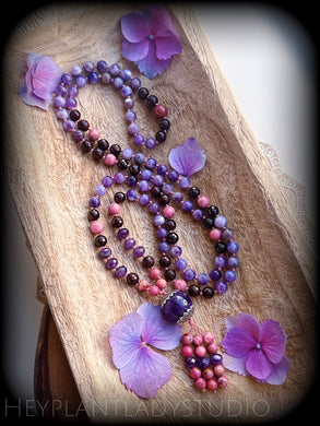 Midnight Hydrangeas - (Hope + Gratitude + Spiritual Growth) - 8mm: Velvet Fluorite + Amethyst + Brazilian Garnet + Brazilian Rhodonite - 108 Mala Necklace Amethyst Focal + Rhodonite Tassel