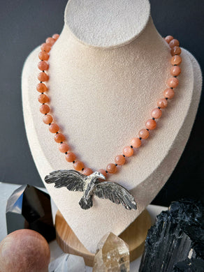 Hallowed Sky - 17” Choker  - 8.5mm - Peach Moonstone - Pewter Raven Focal