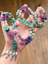 Load image into Gallery viewer, Sea Spell - 108 Mala Necklace - 8mm Amethyst, Amazonite, Aquamarine, Sodalite, Rose Quartz - Lampwork Glass &amp; Amethyst Focal - Mother of Pearl Star Tassel