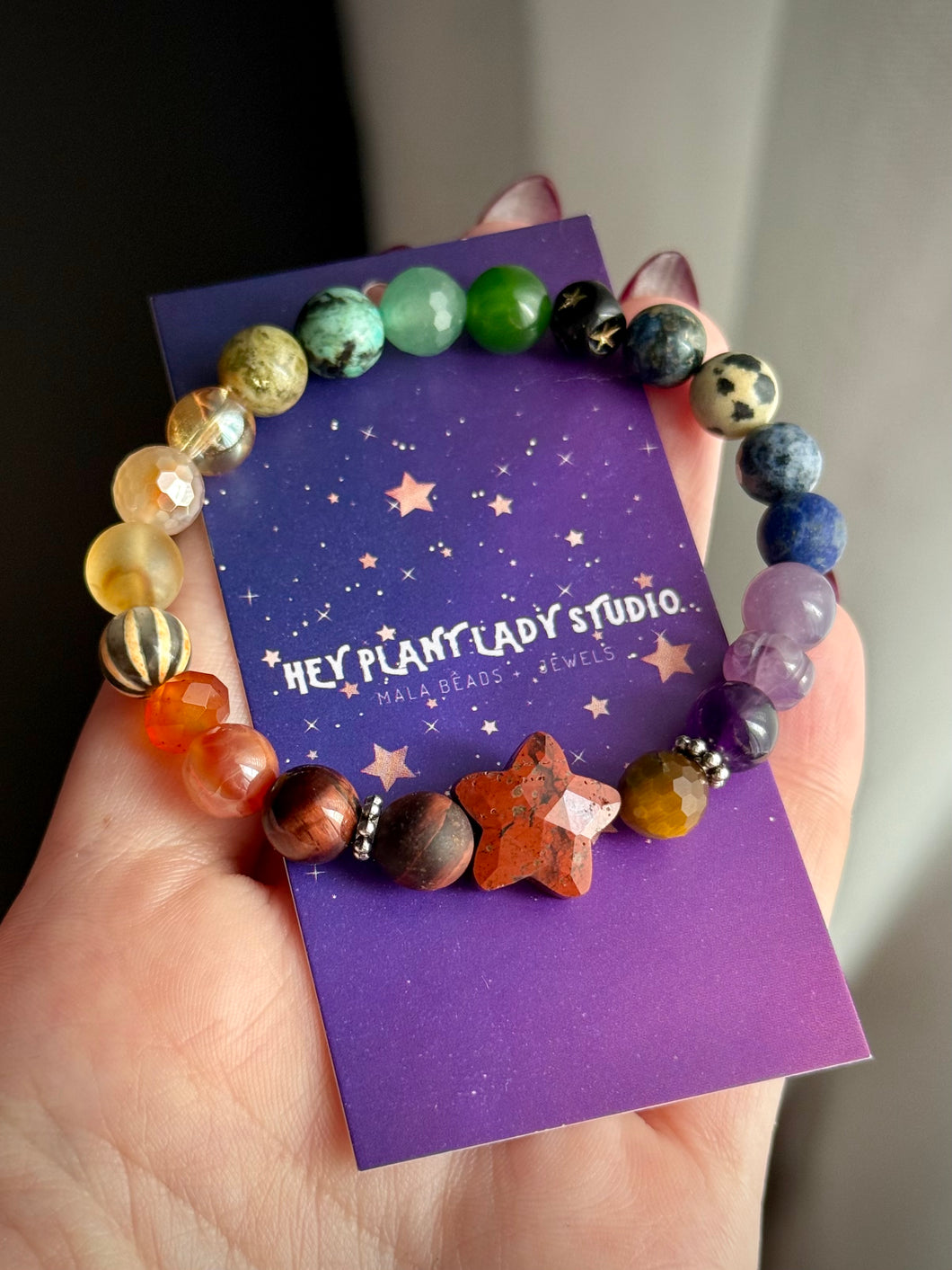 Autumn Rainbow 🍂🍁🌈 - Red Jasper Star Focal - 8mm Rainbow Gemstone Stretch Mala Bracelet