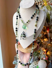 Load image into Gallery viewer, Healing &amp; Grounding - 8mm Prehnite, Black Tourmaline, Clear Quartz - 108 Mala Necklace - Rainbow inclusion Fluorite Focal +  Diamond cut Tourmaline tassel