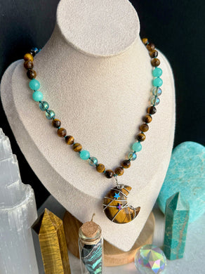 Tiger Moon - 16” Choker  - 8mm - Tigers Eye, Amazonite, Aura Quartz - Tigers Eye Moon Focal