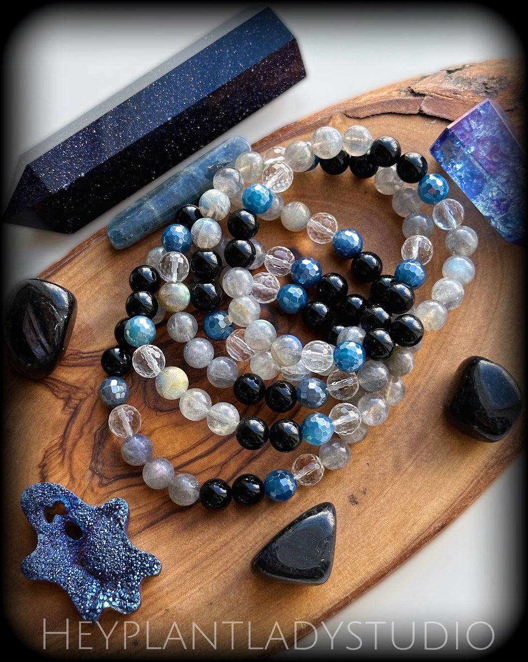Wish Upon a Star - Onyx , Mystic Blue Agate, Labradorite, Clear Quartz - Stretch Mala Bracelet