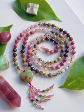 Heart in Bloom - 108 Mala Necklace - Rhyolite + Green Garnet + Mystic Citrine + Strawberry Quartz + Mystic Rose Quartz + Prehnite