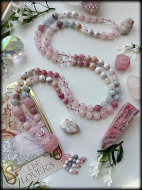 Aphrodite Mala - 8mm - Rose Quartz, Clear Quartz, Aquamarine, Sea Sediment Jasper, Howlite, Moonstone - 108 Mala Necklace - Rose Quartz Focal