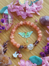 Load image into Gallery viewer, Ostara Bracelet - 8mm Coral Selenite, Czech Glass, Mother of Pearl Bunny &amp; Pink Shell Flower Charm - Stretch Mala Bracelet