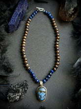Load image into Gallery viewer, 💀 Midnight Ossuary - 16” Choker - 8mm - Lapis + Bronzite Rondelle + Labradorite Skull Focal