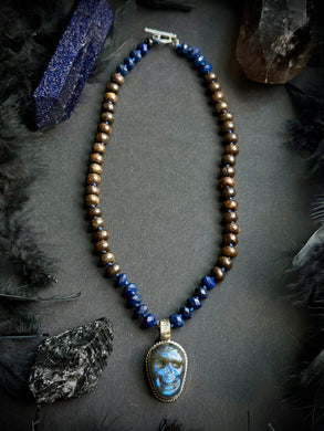 💀 Midnight Ossuary - 16” Choker - 8mm - Lapis + Bronzite Rondelle + Labradorite Skull Focal